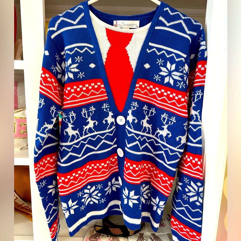 Jolly Sweaters Faux Cadigan Tie Vest Ugly Christmas Holiday Sweater MEDIUM